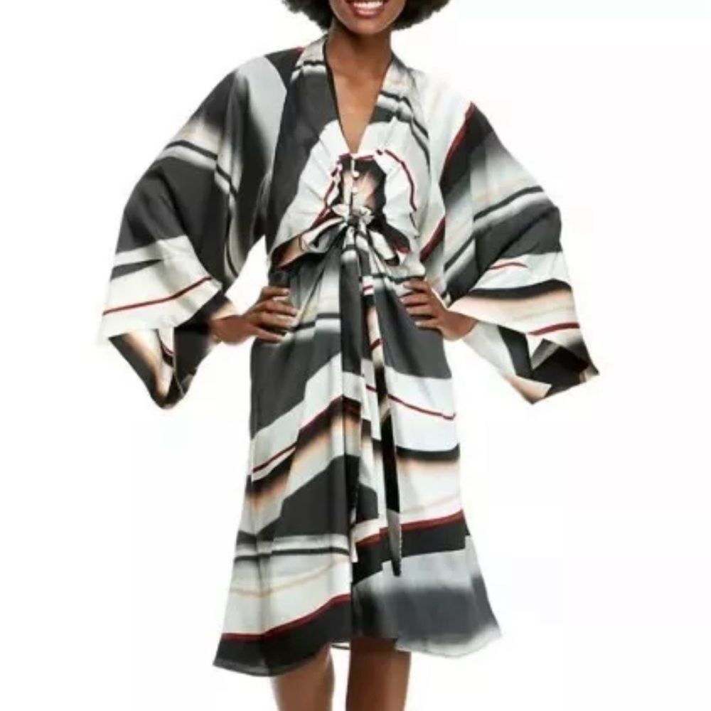 NEW DONNA KARAN COLLECTION Kimono Sleeve Digit Stripe KAFTAN DRESS SIZE 10 $395